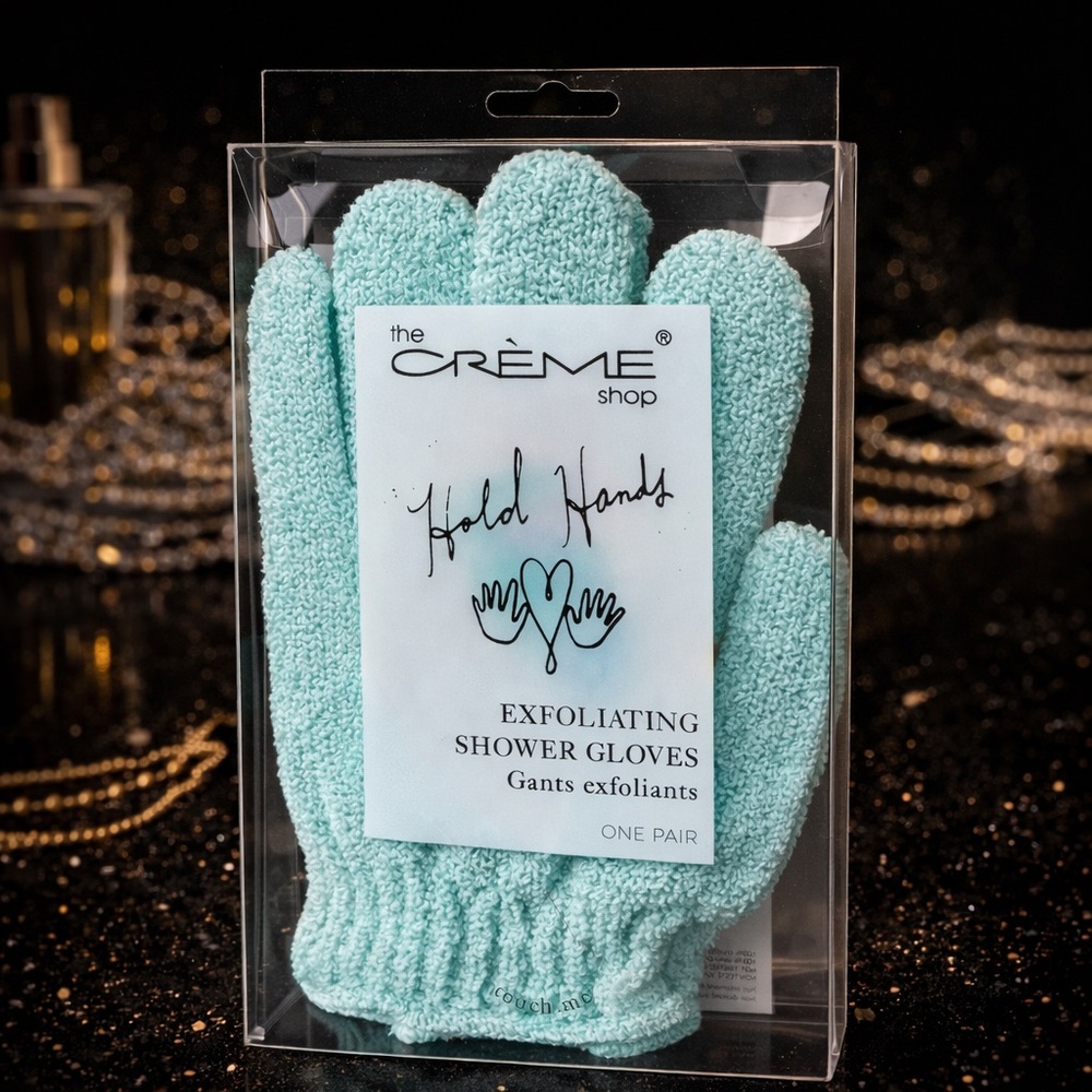 The Crème Shop Exfoliating Shower Gloves – Hold Hands – Aqua Blue